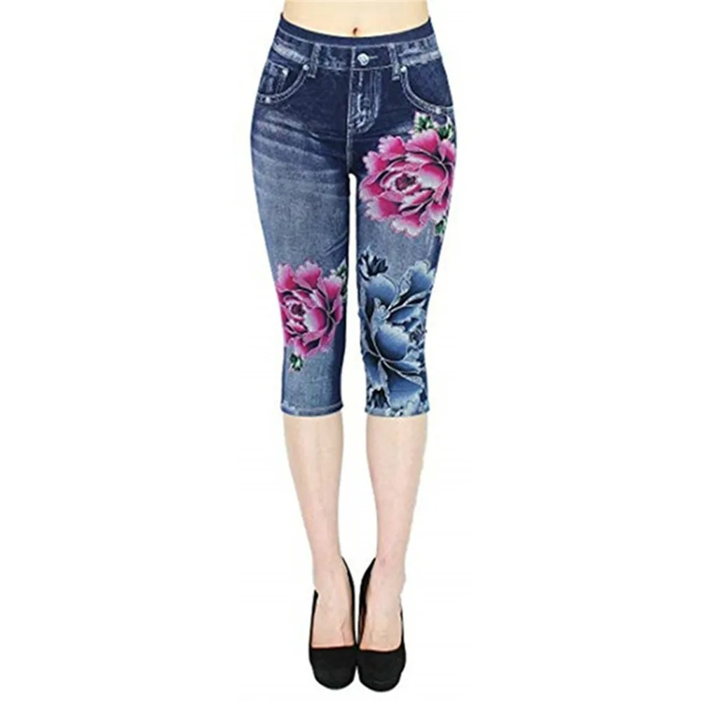 여성 플러스 사이즈 레깅스 모조 자른 바지 2025 새로운 모의 포켓 바지 슬림 Jeggings 데님 스키니