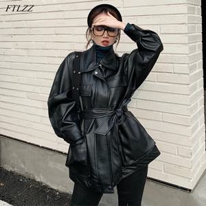 FTLZZ 여성용 인조 소프트 PU 가죽 재킷, 빈티지 턴다운 칼라 포켓 버튼 지퍼 코트, 오토바이 펑크 미디엄 롱 재킷