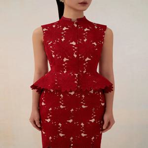 재단사 가게 붉은 국화 레이스 탑 스커트 여성 라이트 럭셔리 세미 정장 공주 복장 peplum top