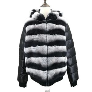 다운 슬리브와 모자 후드 친칠라 220609 고급스러운 아우터가있는 리얼 렉스 토끼 모피 코트 재킷, 블랙 및 다크 브라운