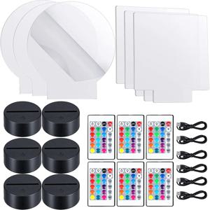 6 세트 DIY 3D 야간 LED 조명 램프 6개의 조명 디스플레이 스탠드 및 방용 원격 및 USB 케이블이 있는 투명 아크릴 시트 포함