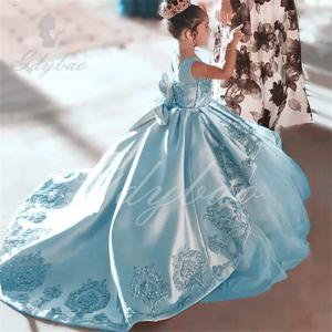 아이들을 위한 구슬 장식이 있는 플라워 걸 드레스, 소녀들을 위한 긴 드레스, 생일 드레스, 레이스 업 백, 새틴 옷, 미인 대회 가운