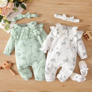 신생아 아기 소녀 봄과 가을 바디 슈트 꽃 프린트 긴 소매 Romper 머리띠 Onesie 의류 유아 0-18 개월