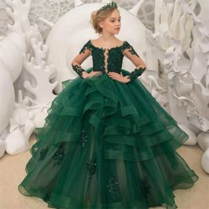 결혼식을위한 Tulle 레이스 페르시 꽃의 소녀 드레스 푹신한 전체 소매 바닥 길이 생일 파티 첫 성찬식 가운