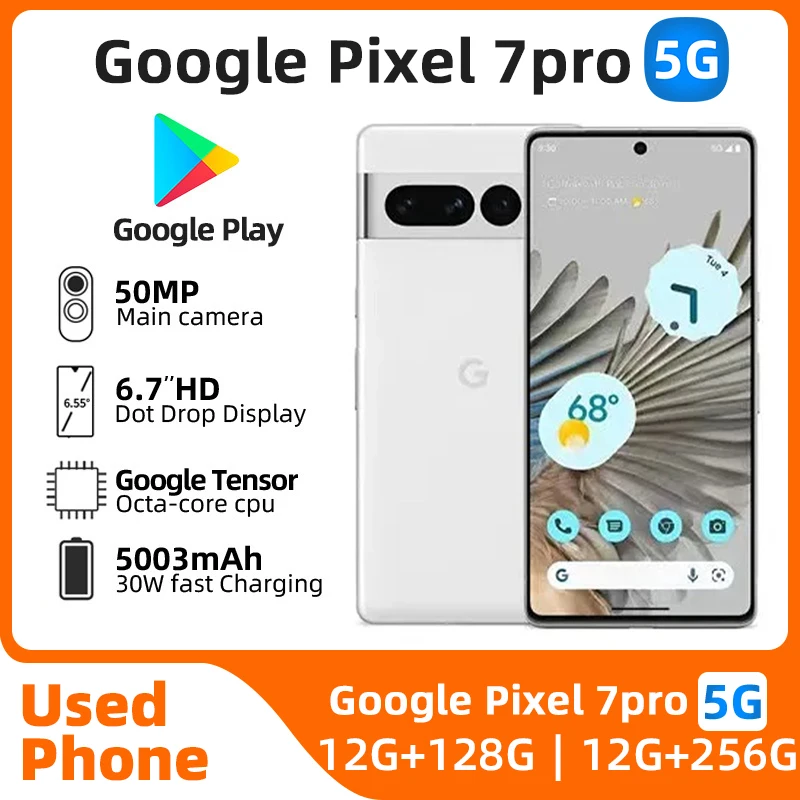구글 픽셀 7 프로 5G, 6.7 인치 LTPO AMOLED 120Hz 화면, 구글 텐서 30W 슈퍼 차지 5003mAh 배터리, OTG 중고 휴대폰