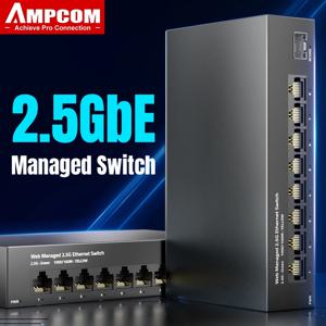 AMPCOM 팬리스 GBASE-T 네트워크 스위처, 2.5GbE 관리 스위치, 8 포트 2.5, 10G SFP + 슬롯, 업 링크 웹 관리 QOS VLAN LACP