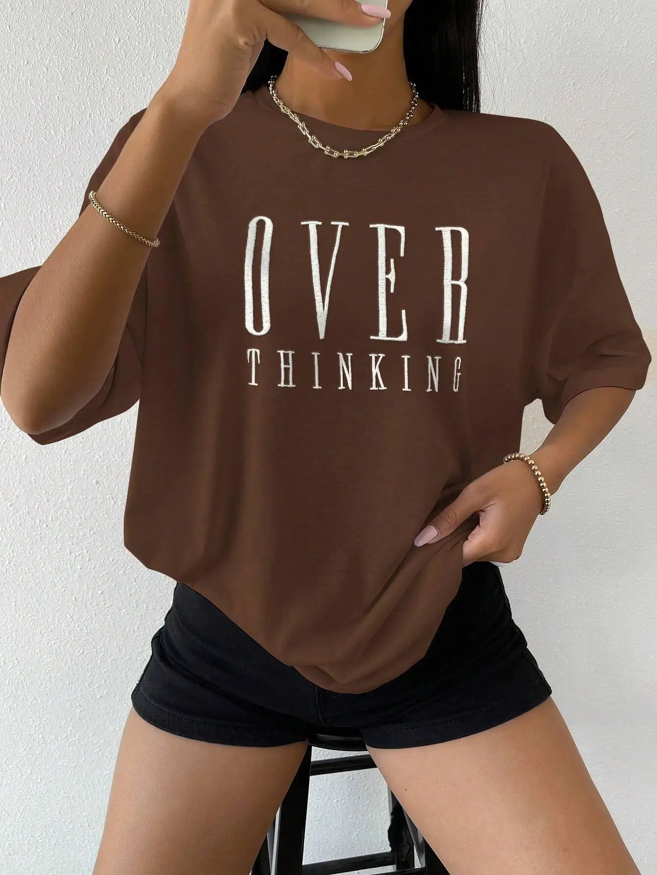 Over Thinking Letter Print 여성 코튼 반팔 통기성 빈티지 오 넥 탑 모든 수학 캐주얼 티셔츠 여성 티 의류