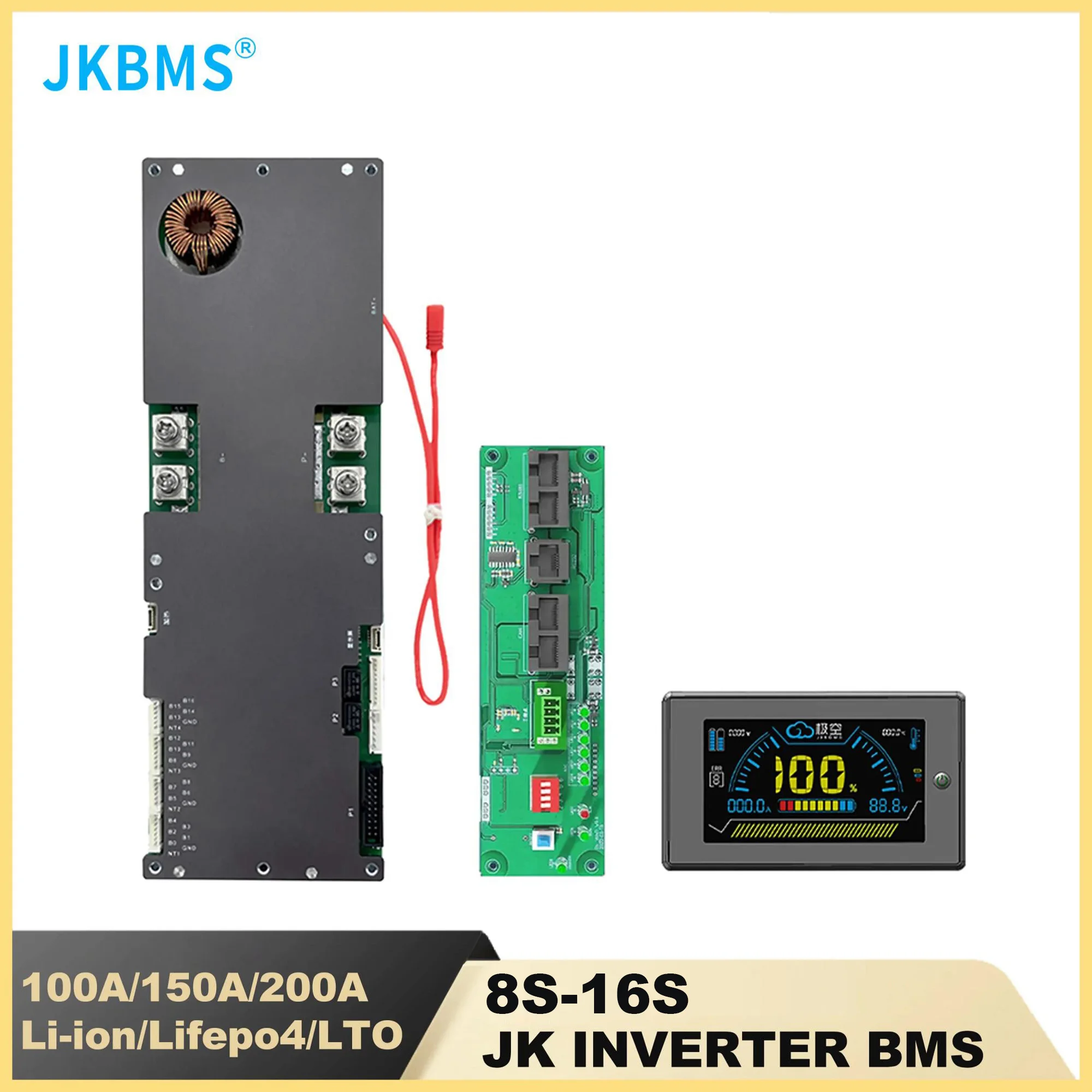JKBMS 스마트 인버터 BMS 8S 16S 24V 48V 100A 150A 200A 8S-16S 가족 에너지 저장 Growatt Deye 인버터 용 Lifepo4/Li-ion/LTO