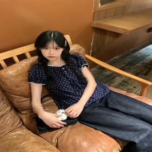 루즈핏 셔츠 한국 스타일 루즈핏 숏슬리브 여성용 점무늬 레이스 플리츠 블라우스 셔츠 블라우스 셔츠 블라우스 셔츠