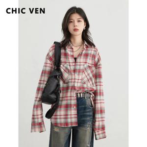 CHIC VEN 여성용 코튼 셔츠 싱글 브레스트 루즈 뉴 레트로 컬러 차단 그리드 여성 블라우스 가을 봄 2024