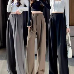2024 여성 세련된 디자이너 정장 바지 레이디 와이드 스트레이트 레그 더블 버튼 작업 데일리 바지 레이디 한국 스타일 하이 웨스트 슬랙스