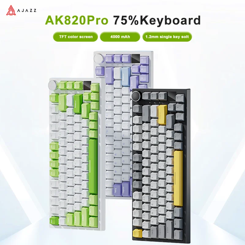 AJAZZ 기계식 키보드, TFT 스크린, 다기능 노브, 게임용 키보드, 유선, 2.4GHz, BT 연결 PC 키보드, AK820, AK820Pro