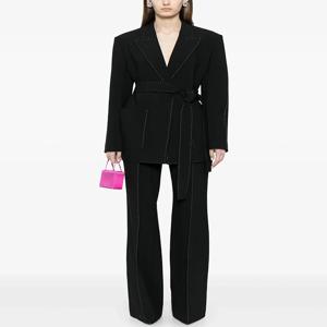하이 스트리트 최신 패션 2024 디자이너 정장 세트 여성 대비 스티치 벨트 블레이저 바지 정장 2pcs