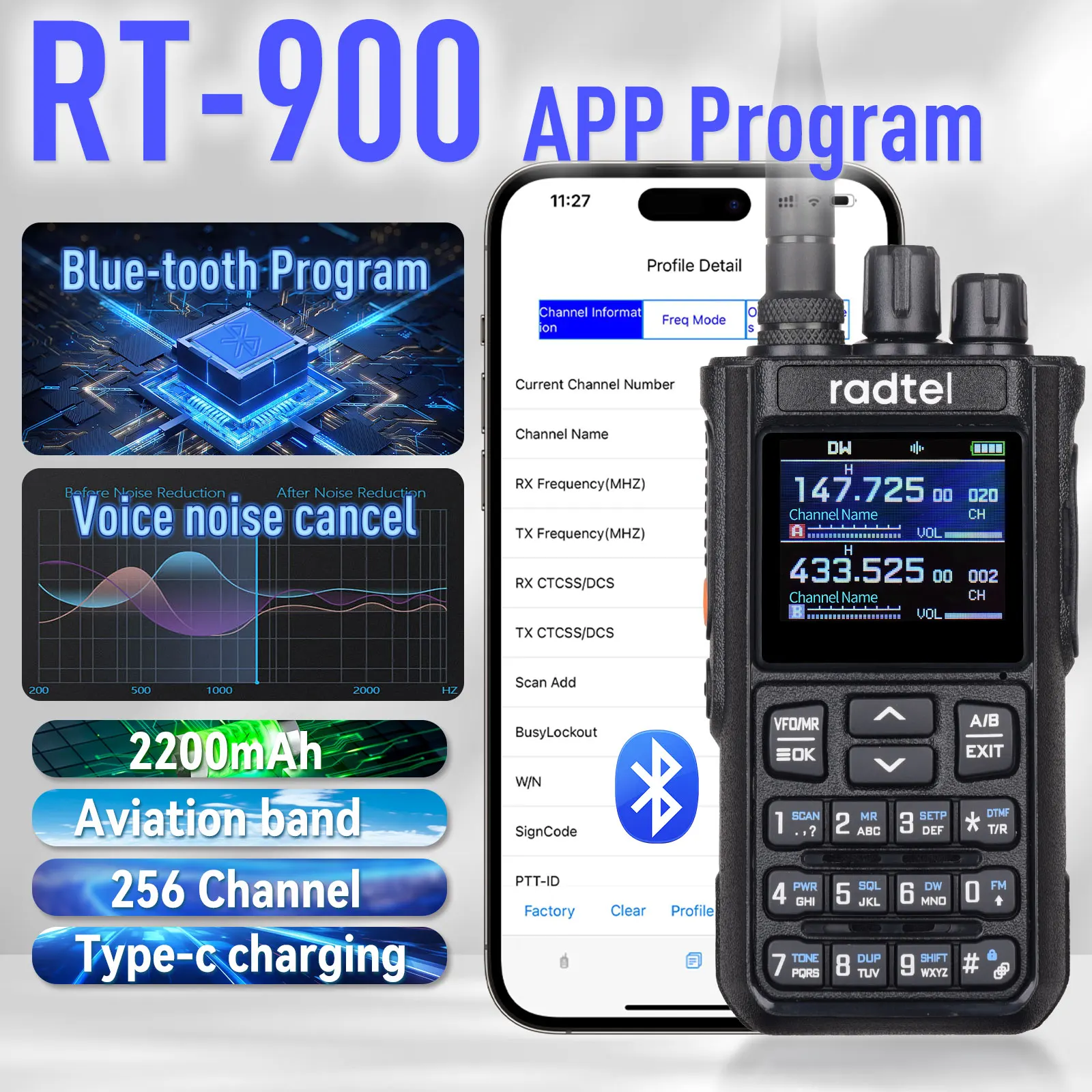 Radtel RT-900 8W 풀 밴드 햄 라디오 워키 토키 256CH 에어 밴드 양방향 라디오 방송국 항공 NOAA 경찰 해양 강 PTT