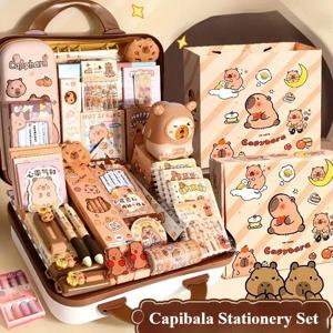 대용량 선물 상자 Capybara 편지지 세트 풍부한 귀여운 개학 선물 키트 학생을위한 연필 케이스 연구 문구