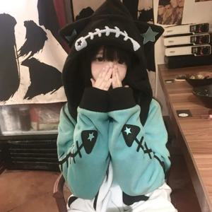 대비 색상 카와이 물고기 뼈 후드 여성 빈티지 Y2k 미적 오버 사이즈 streetwear Hoody 하라주쿠 그런지 지퍼 스웨트