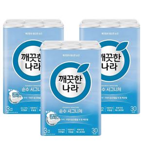 깨끗한나라 순수 시그니처 와이드 엠보싱 3겹 28m 30롤x3팩 총90롤 (너비 107mm) 천연펄프 화장지