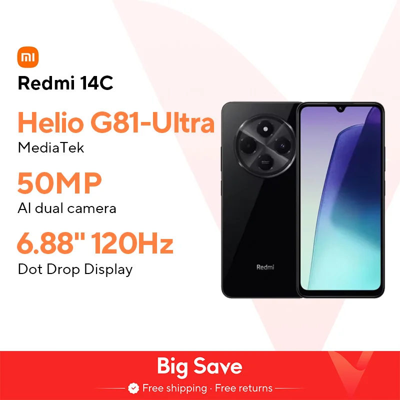 글로벌 버전 샤오미 레드미 14C 스마트폰, 침수 6.88 인치, 120Hz 디스플레이, 50MP AI 듀얼 카메라, 5160mAh 대용량 배터리