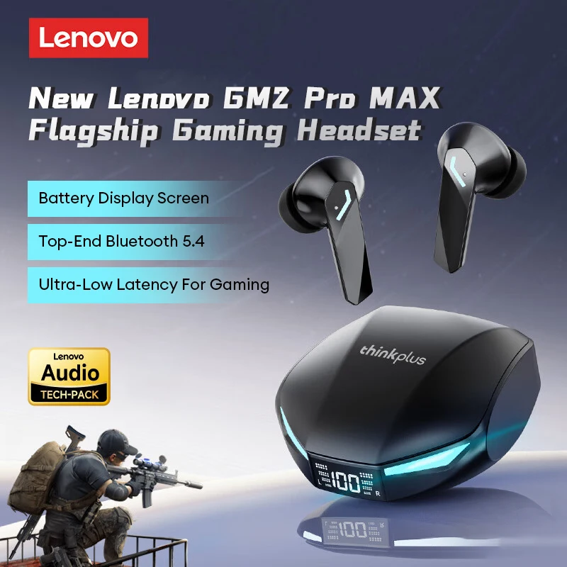 Lenovo GM2 PRO MAX Bluetooth 5.4 무선 이어폰 LED 디지털 디스플레이 방수 스포츠 이어 버드 소음 차단 게임용 헤드셋