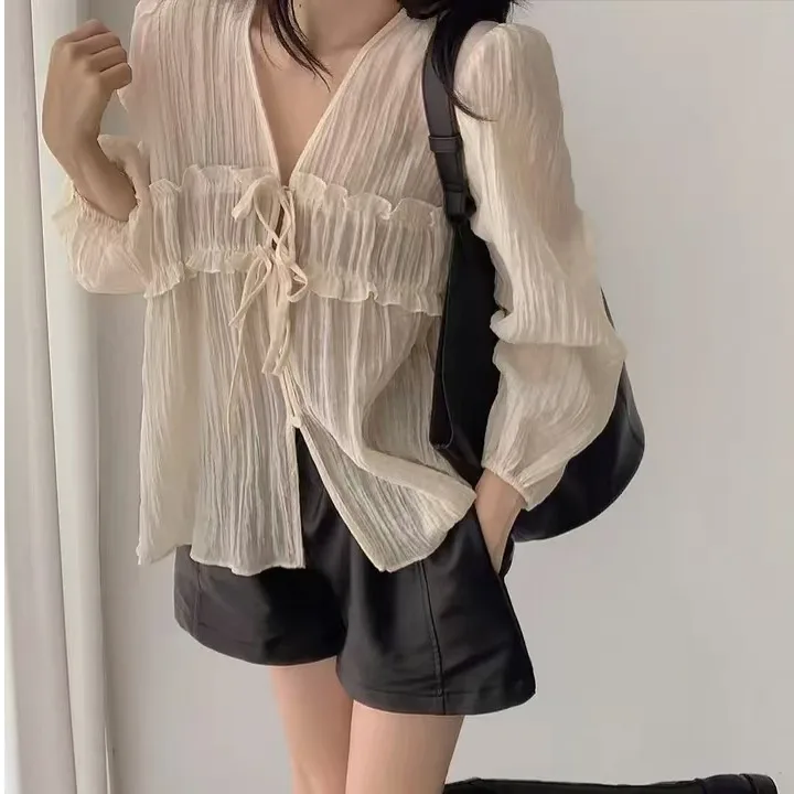 순수 컬러 긴 소매 플립 칼라 벨트 태양 보호 셔츠 여성 스트레이트 컷 폴리 에스터 여름 패션 탑