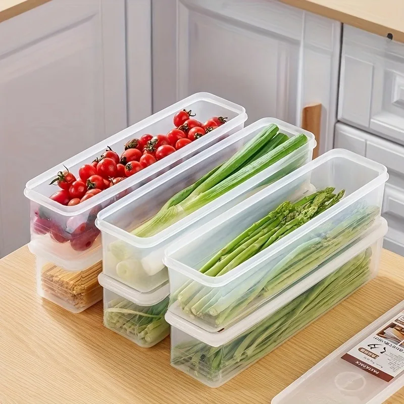 4 Pcs 긴 직사각형 식품 저장 용기, 플라스틱 재사용 가능한 냉장고 주최자 상자 주방 액세서리