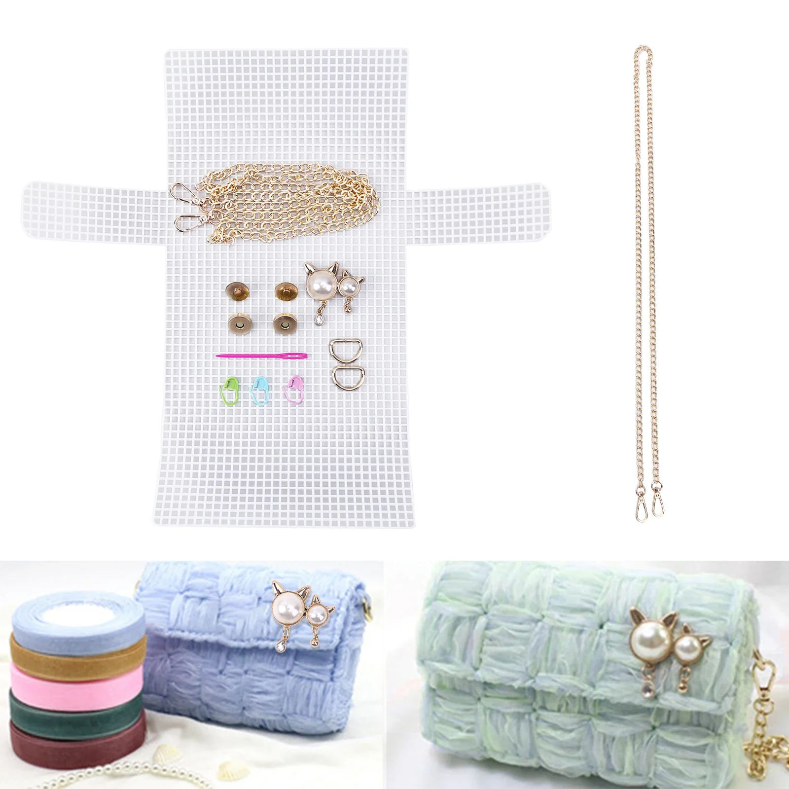 DIY 재료 키트 뜨게 크로셰 가방 키트, 메시 플라스틱 프레임 시트, 보조 직조 숄더백 액세서리