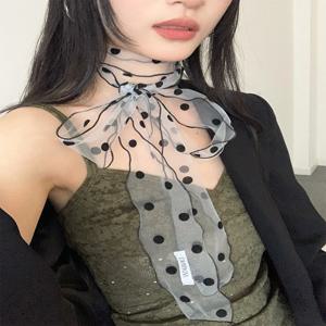 여성을위한 유행 레이스 메쉬 폴카 도트 스카프 새로운 여름 2025 리본이있는 경량 달콤한 다목적 목 액세서리