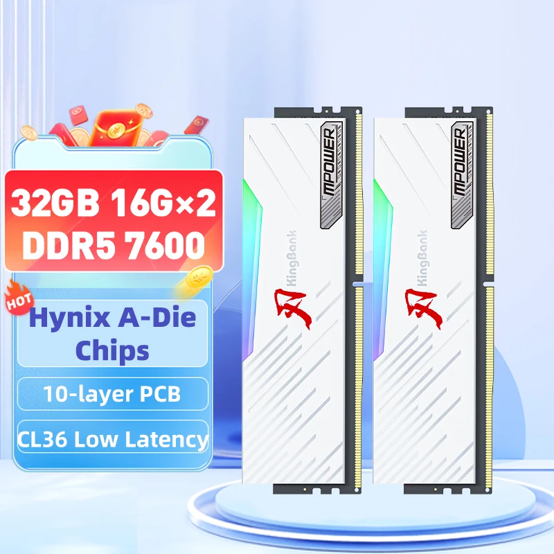 KingBank Memoria Ram RGB DDR5 16GB 7600MHz MPOWER XMP 3.0 16GBx2pcs UDIMM 데스크탑 UDIMMRAM PC 컴퓨터 메모리 하이닉스 A 다이 칩