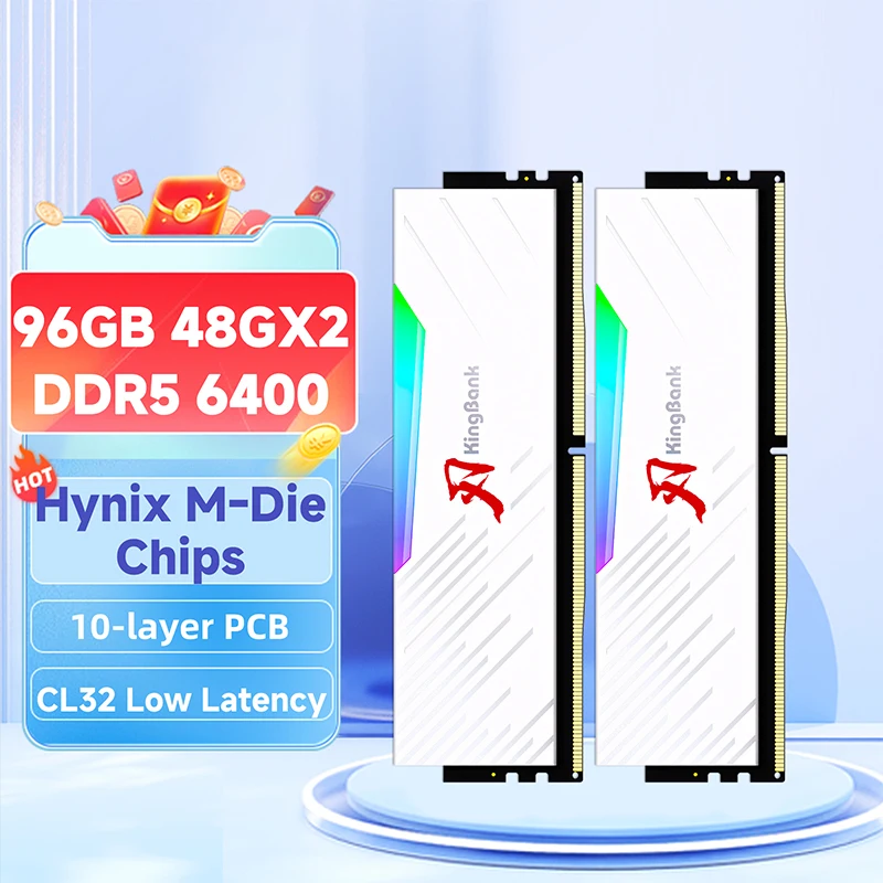 KingBank ddr5 RGB ram 메모리 DDR5 48GBx2 6400MHZ 96GB 48gb Hynix M 다이 메모리 ram ddr5 PC 데스크탑 CL32 용