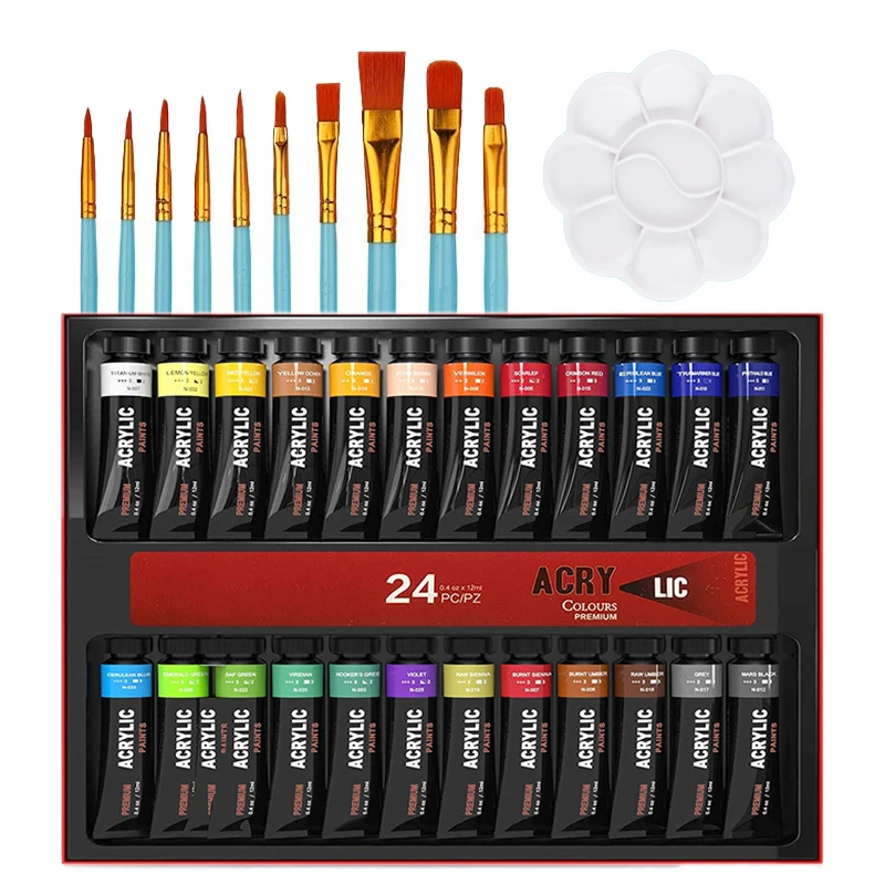 전문 아크릴 페인트 세트 12/24 색상 12ml/튜브 패브릭 페인트 방수 안료 그림 브러쉬 및 팔레트 세트