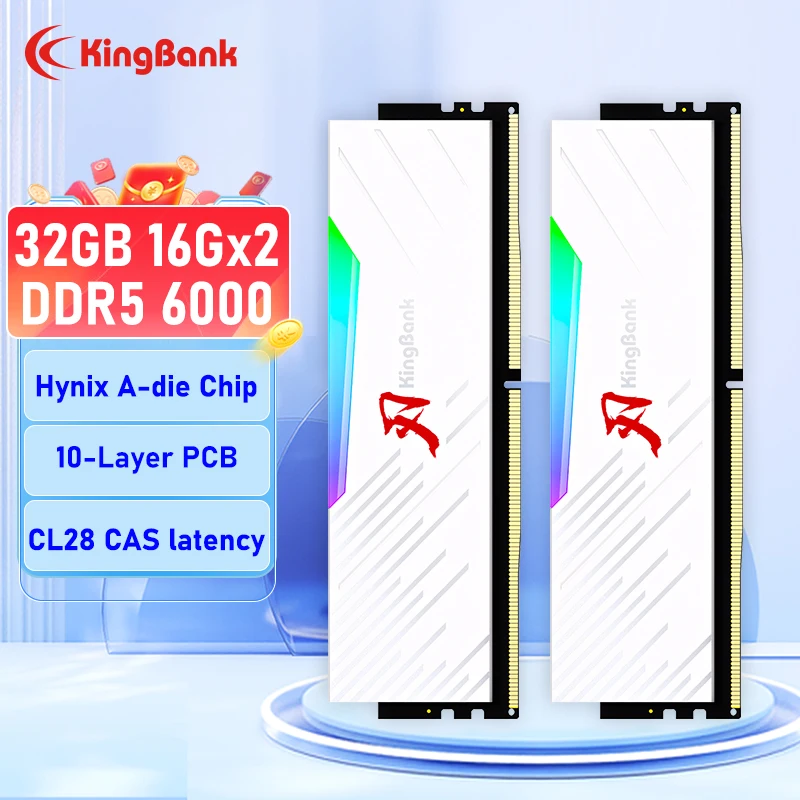 킹뱅크 히트싱크 메모리아 RAM DDR5 6000mhz 16GB 데스크탑 메모리아 DDR5 RAM 듀얼 채널 컴퓨터 데스크탑 PC 하이닉스 A 다이 CL28