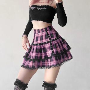 FICHOR Mall 여성용 고스 고딕 레이스 러플 미니 스커트, 하라주쿠 요정 그런지 핑크 격자 무늬 플리츠 스커트, 일본 로리타 스트리트웨어