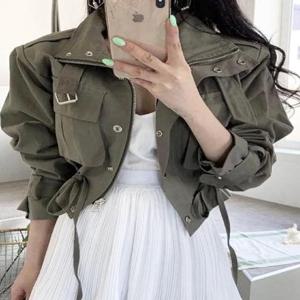 여성용 작업 재킷 짧은 길이 긴 소매 여성용 여자 루즈핏 헐렁한 지퍼 지퍼 클로저 카라 칼라 두 개의 포켓 주머니 작업 재킷