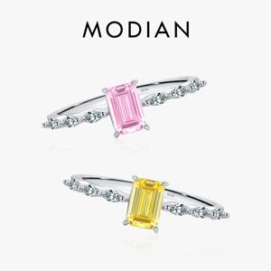 MODIAN 리얼 925 스털링 실버 절묘한 스파클링 에메랄드 컷 핑크 옐로우 지르코니아 반지 여성을위한 웨딩 럭셔리 파인 쥬얼리
