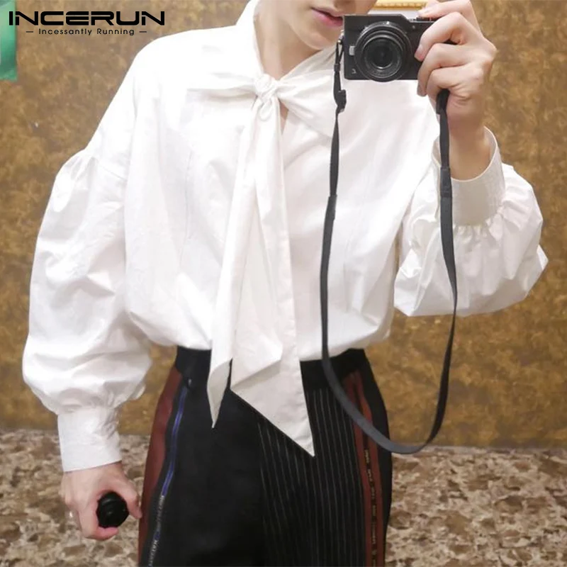 INCERUN 탑 2023 패션 뉴 남성 느슨한 긴 소매 넥타이 블라우스 세련된 솔리드 핫 세일 편안한 캐주얼 streetwear 셔츠 S-5XL