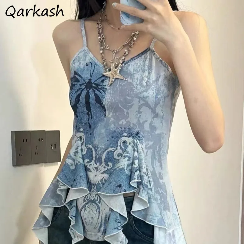 여성용 비대칭 탱크 캐미스, 니치 디자인, 개성 소녀 의류, 패션 타이 염색 아웃웨어, 캐주얼 시크 학생, 여름