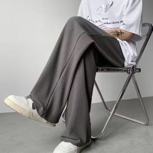 남성용 여름 질감 스트레이트 바지 한국 패션 헐렁한 와이드 레그 바지 캐주얼 드레이프 플리츠 스트라이프 Y2K Pantalones Hombre