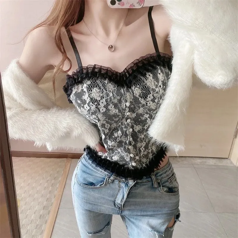 1pc 레이스 섹시한 꽃 캐미솔 아름다운 뒤 포장 솔리드 컬러 핫 캐주얼 슬링 민소매 스위트 탱크 탑