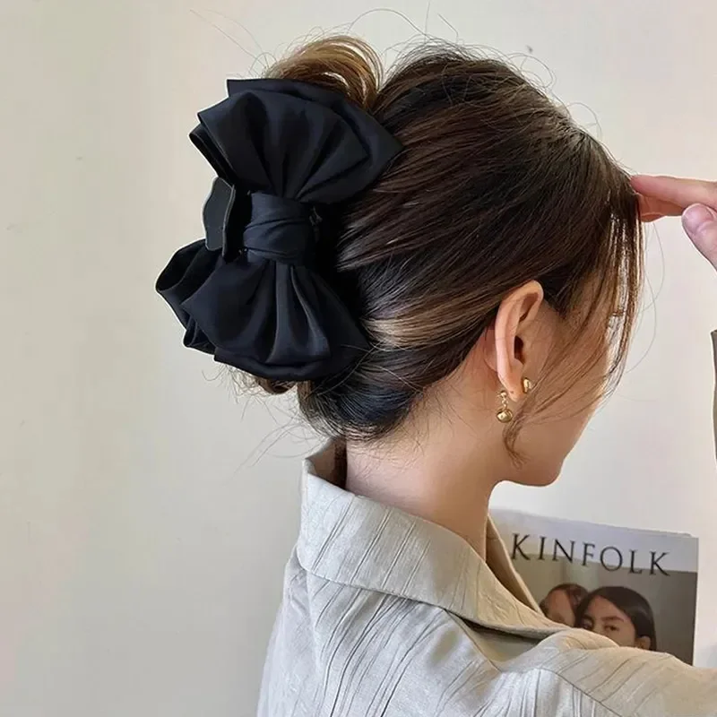 우아한 여성 활 머리 발톱 클립 양면 대형 새틴 상어 머리 발톱 솔리드 Bowknot 머리핀 바레트 헤어 액세서리