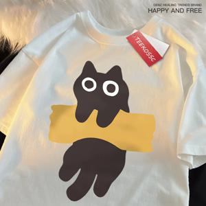 재미있는 접착 테이프 고양이 프린트 일본 스타일 반팔, 남녀공용 면 오버사이즈 티셔츠, 오버사이즈 O넥 상의 티, 신상