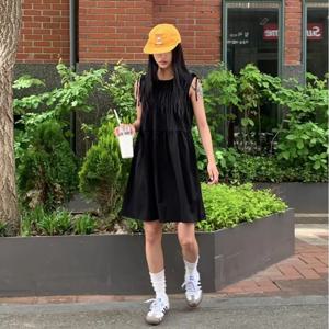 한국 스타일 레트로 라운드 넥 민소매 주름 디자인 나비 매듭 허리 조끼 드레스 여성 미니 드레스 여름 a 라인 스커트