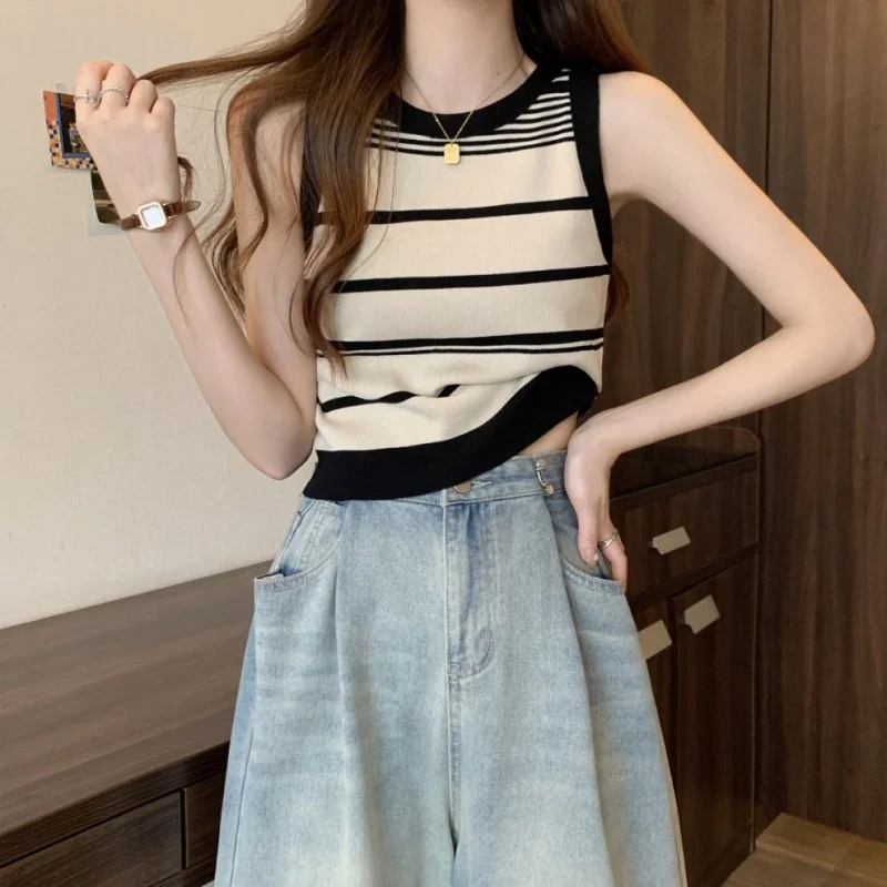 여성용 스트라이프 캐미솔, 프렌치 오프숄더, 짧은 민소매 상의, 다용도 및 트렌디, 여름 겉옷