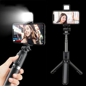 3 In 1 Selfie 스틱 Bluetooth 원격 삼각대(필 라이트 포함) Tiktok 비디오 라이브 홀더용 셀 스마트폰용 접이식 브래킷