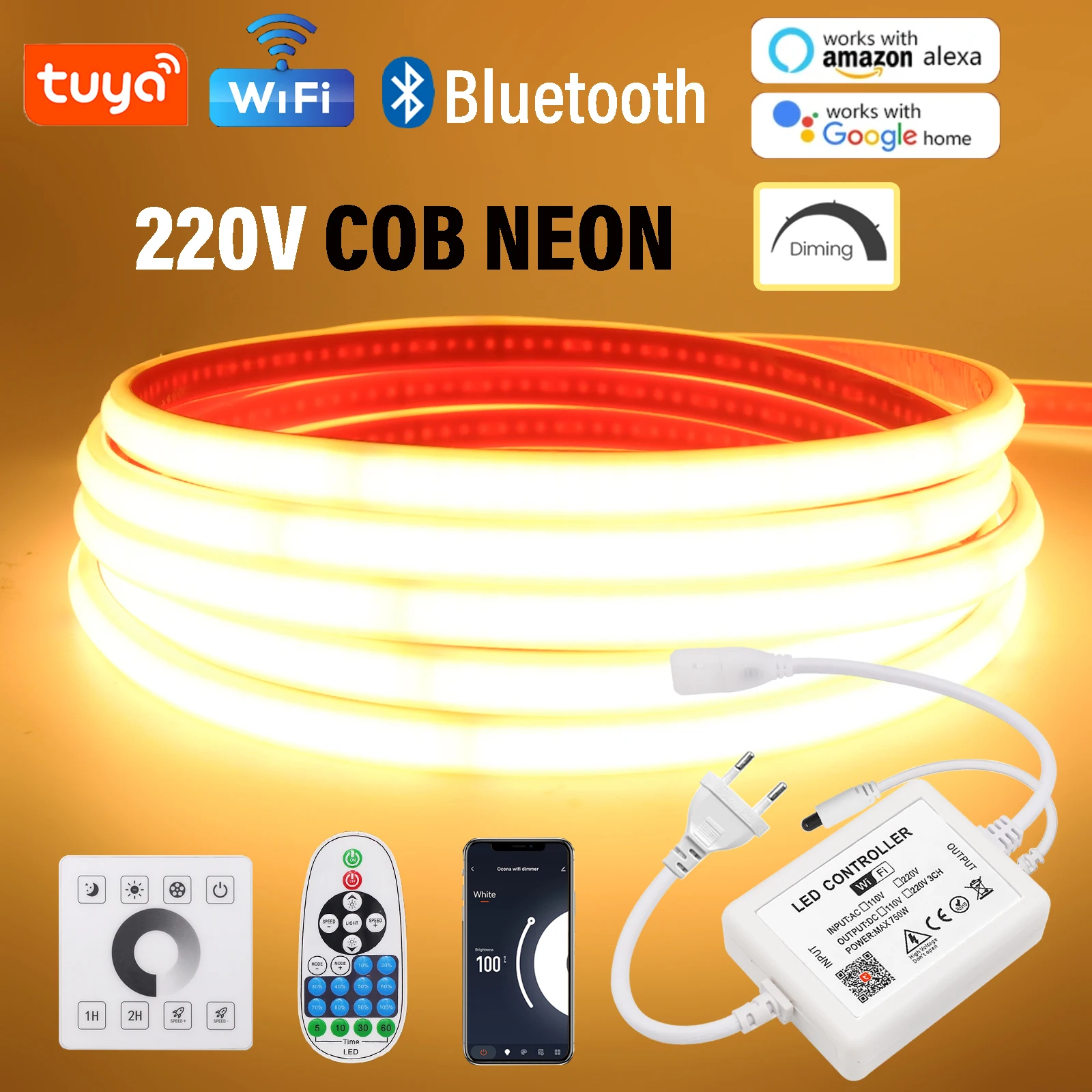Tuya APP WIFI 블루투스 제어 COB LED 스트립 빛 220V 접착 테이프 240LED/M 방수 네온 스트립 테이프 유연한 리본