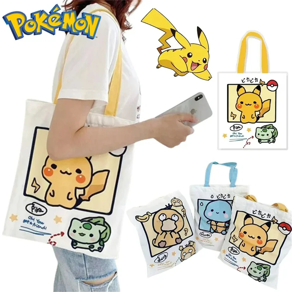 애니메이션 포켓몬 피카추 캔버스 숄더 백 Psyduck Squirtle 여성용 캐주얼 핸드백 재사용 가능한 대용량 여성 쇼핑백