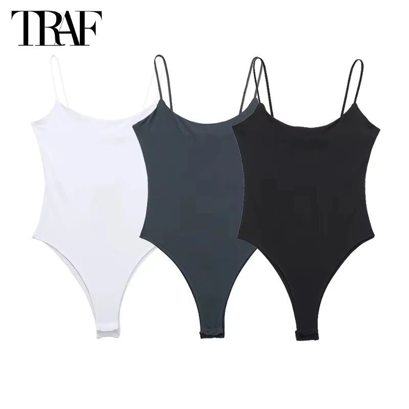TRAF 2024 여성을위한 섹시한 꽉 바디 화이트 블랙 백 레스 바디 수트 여성 여성을위한 원피스 점프 슈트 섹시한 란제리 바디 수트