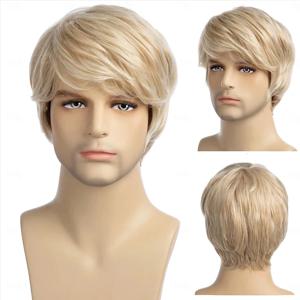 HAIRJOY ​​남성 가발 짧은 금발 가발 짧은 계층화 된 합성 머리 남성 코스프레 애니메이션 할로윈 가발