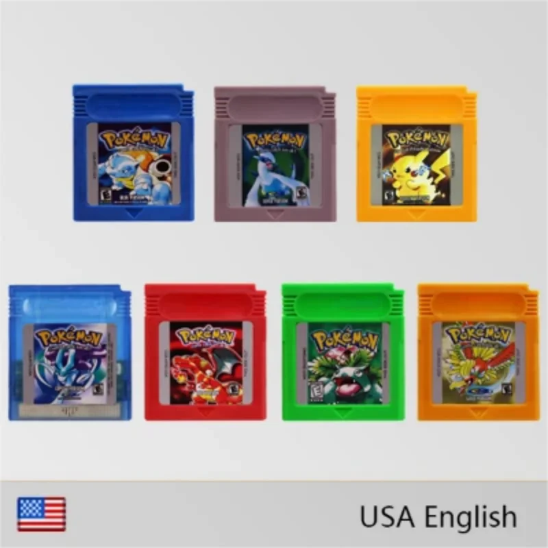 GBC 포켓몬 시리즈 게임 카트리지, 16비트 비디오 게임 콘솔 카드, 파란색, 크리스탈, 녹색, 금색, 빨간색, 은색, 노란색, 영어