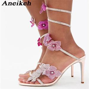 Aneikeh 섹시한 크리스탈 꽃 좁은 밴드 발목 스트랩 샌들 여성 얇은 하이힐 스트리트 스타일 장대 댄스 숙녀 신발