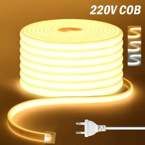 220V 디밍이 가능한 COB LED 네온 스트립 조명 조광기 스위치 플러그 키트 방수 288 LED 플렉스 튜브 램프 높이 밝고 따뜻한/자연 흰색